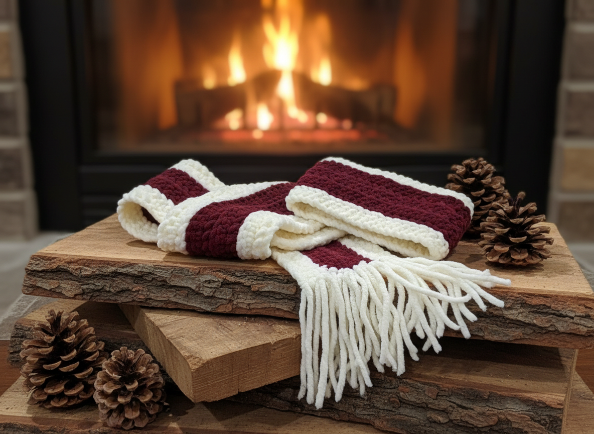 Burgundy and cream scarf with fireplace and pinecones