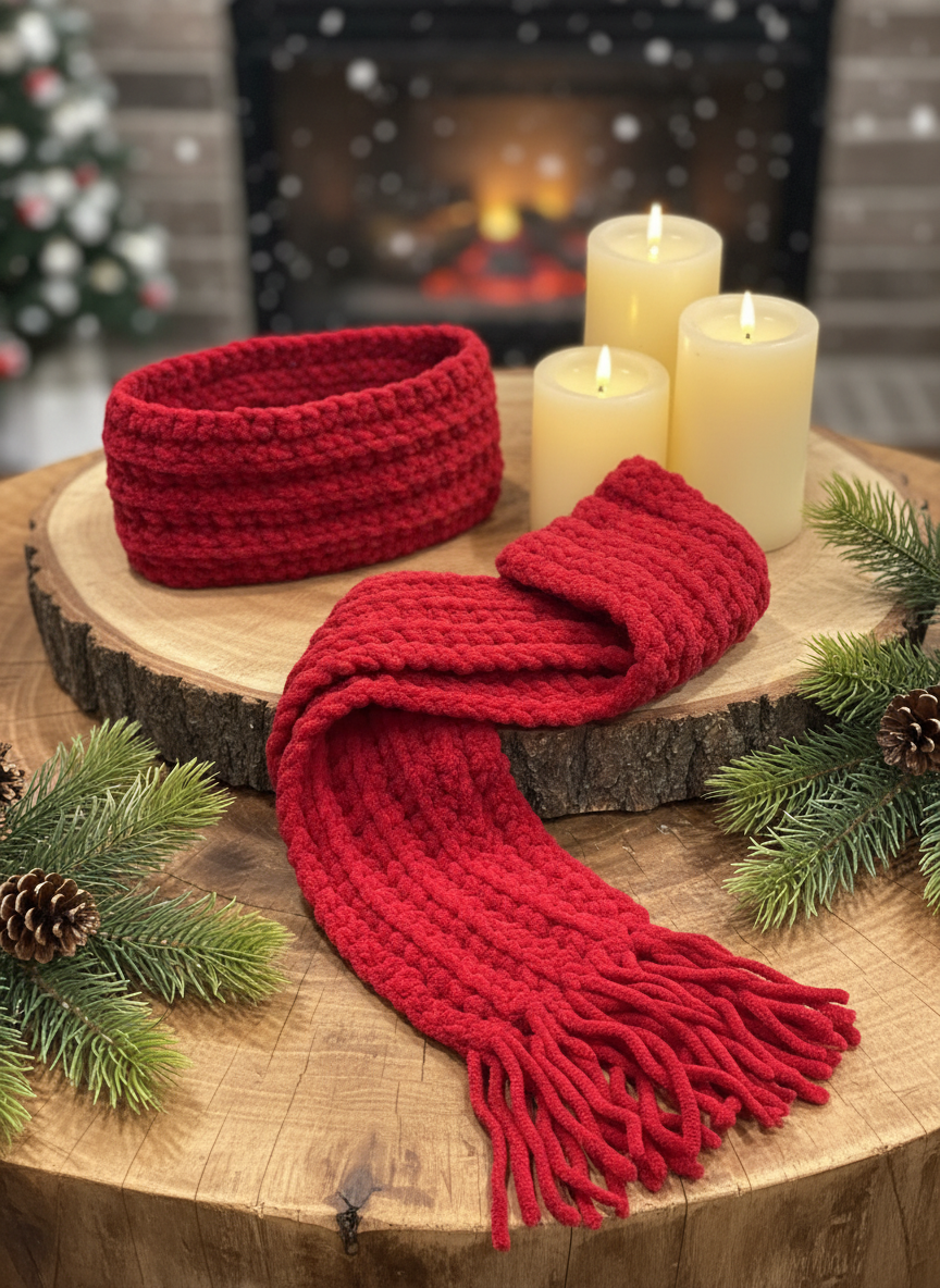 Handmade Red Scarf and Headband Set in Warm Winter Setting